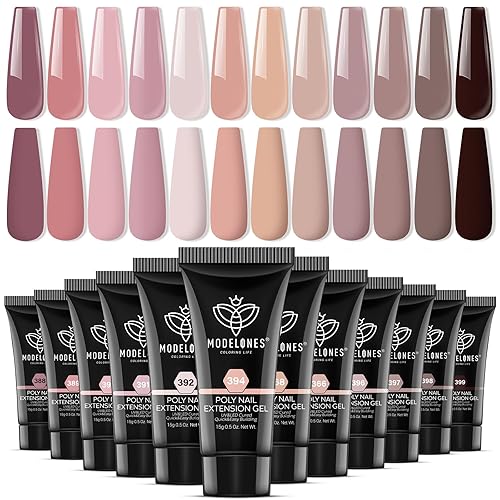 modelones Poly Nail Gel Set - 12 Colors 15g Nude Pink Brown Tone All Seasons Poly Nail Extension Gel Kit Trendy Nail Art Design Professional Salon at Home Holiday Gift for Girl - Q1-Pink to Envy