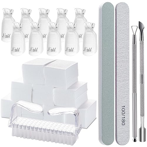 Gel Nail Polish Remover Tools Kit, with 10 Pcs Nail Clips, 400 Pcs Lint Free Nail Wipes, Nail Files 100/180, Buffer Block 400/4000, Nail Brush, Cuticle Pusher& Peeler (Clear) - Clear