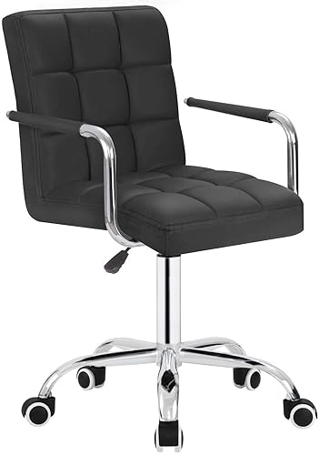 JUMMICO Desk Chair Modern Office Chair with Wheels Vanity Chair PU Leather Mid-Back Rolling Chair Cute Chair for Office, Teen, and Bedroom Desks (Black) - Black