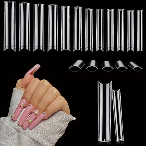 504 PCS No C Curve Clear Nail Tips for Acrylic Nails Professional, 3XL Extra Long, 12 Sizes Half Cover Straight Tapered Square French Fake Nail Tips for Nail Salons Home DIY - 504pcs square