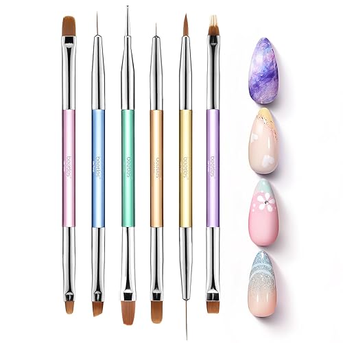 Beetles 6 Pcs Gel Nail Art Brushes Set Nail Design Brush Gel Paint French Tip Brush Ombre Brush Liner Brush Flat Brush Gradient Nail Brush Dotting Pen Salon DIY at Home Manicure - 6pcs Double-ended Nail Art Brush Set