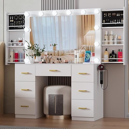 FURNJOYLIFE White Makeup Vanity Desk with Lighted Mirror & Power Outlet,3 Color Modes, Brightness Adjustable,Vanity Table with Drawer,Sliding 2 Storage Wall-Mounted Jewelry,4 Shelves for Bedroom - White