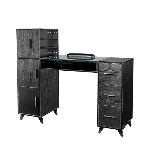 OmySalon Manicure Table Nail Desk for Nail Tech w/Glass Top & Wrist Rest, Beauty Salon Nail Supplies Decor Workstation Acetone Resistant w/3 Side Cabinet+3 Drawers+3 Layers Open Cabinet+1 Open Drawer - Black