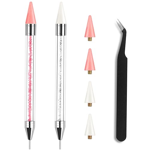 Kaychan Rhinestone Picker Tool 2 Acrylic Handle Rhinestones Applicator Dual-Ended DIY Nail Art Tool with 4 Extra Wax Tips and 1 Tweezer