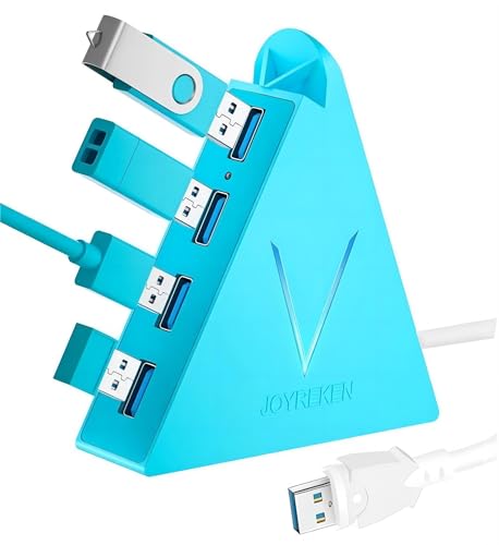 JoyReken 4-Port USB 3.0 Hub with 2 ft Extended Cable, FlyingVHUB Vertical Data USB Hub, for Mac, PC, Xbox One, PS4, PS5, iMac, Surface Pro, XPS, Laptop, Desktop, Flash Drive, Mobile HDD (Blue) - 2ft - Blue
