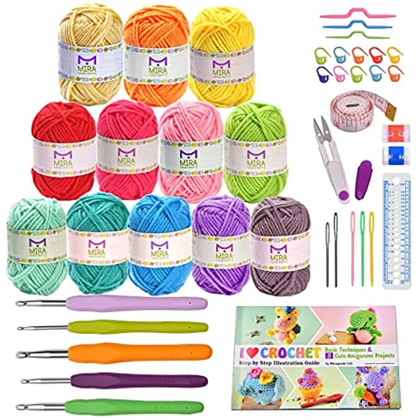 Mira Handcrafts 12 Acrylic Yarn Skeins, Complete Crochet Kit and Real Project Book - Total 516 Yards Crafts Yarn – Ideal Starter Kit Gift