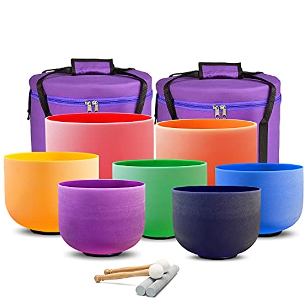 CVNC 432HZ Colored 6-12 Inch Set of 7 PCS Frosted Quartz Crystal Singing Bowls 15cm-30cm Free Travel Carry Case Bag For Sound Healing and Sound Therapy