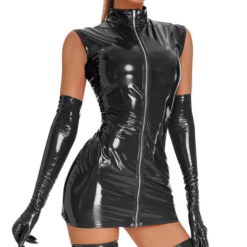 Women Sexy Tank Leather Dress, Gloves Not Included, Wetlook PVC Leather, Plus Size Shiny Latex Hip Skirt - Small - Black