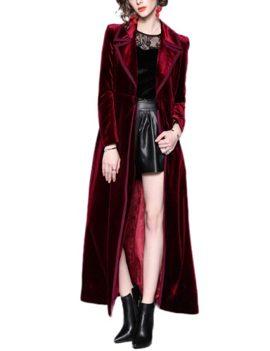 Omoone Women's Slim Notch Lapel Long Vintage Velvet Trench Coat Dress - Small - Wine Red Long