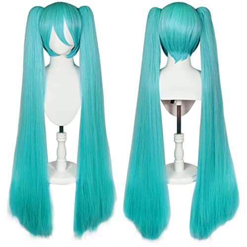 Ebingoo 47 Inch Long Green Wig with Bangs for Women with Two Detachable Ponytails + Wig Cap Long Straight Synthetic Green Cosplay Wig for Halloween Costume Party Anime - Green