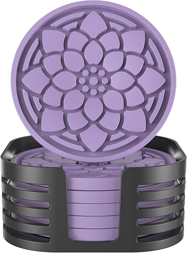 Silicone Coasters Set of 6 with Holder, Coasters for Drinks, Drink Coasters for Coffee Table, Cup Mat for Drinks, Cup Coasters for Home Decor Tabletop Protection Non-Slip and Non-Stick, Round Purple - Purple