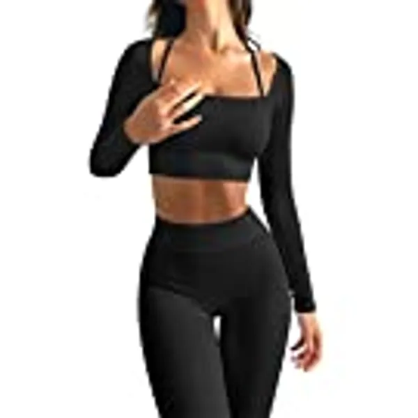 OQQ Yoga Outfits for Women 2 Piece Seamless Ribbed Workout High Waist Leggings with Crop Top Exercise Set, Black, Large