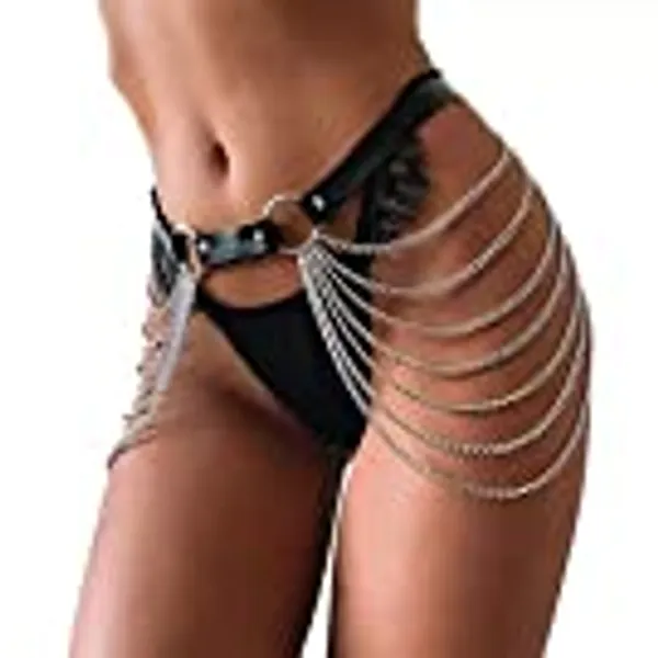 Reetan Punk Waist Chain Leather Layered Belly Body Chains Ring Belt Waist Chains Rave Party Body Jewelry Accessories for Women and Girls