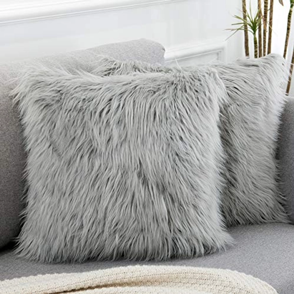 WLNUI Set of 2 Light Grey Decorative Pillow Covers New Luxury Series Merino Style Faux Fur Fluffy Throw Pillow Covers Square Fuzzy Cushion Case 16x16 Inch