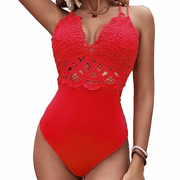 BSXIJIE Women's Lace Bodysuit Sexy Deep V Neck Snap Crotch One Piece Bodysuit With Spaghetti Strap Tops Criss Cross Back