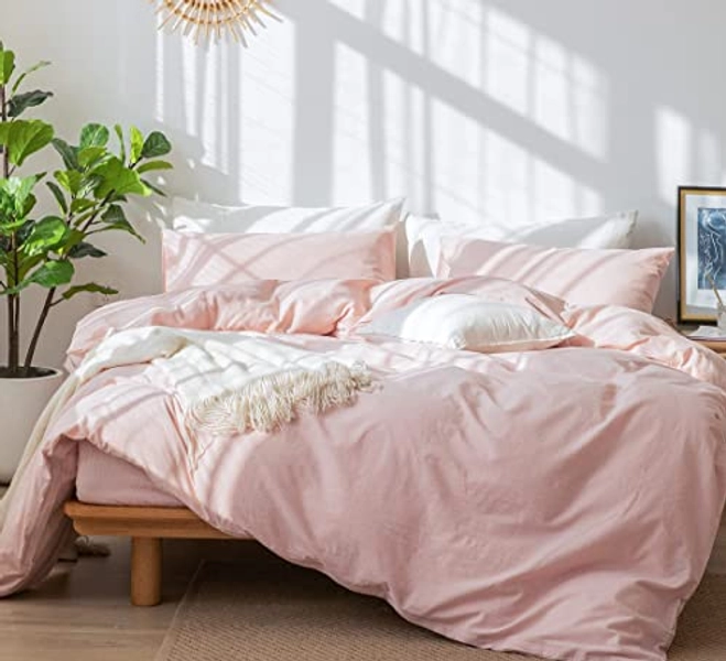 MooMee Bedding Duvet Cover Set 100% Washed Cotton Linen Like Textured Breathable Durable Soft Comfy (Pale Pink, King)