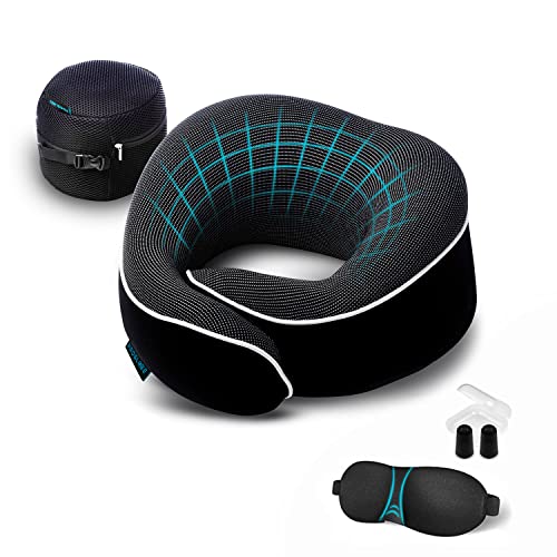 Proglobe Orthopedic Neck Pillow, Travel Neck Pillows for Airplanes, Memory Foam Kit, 360° Head Support, Airplane Pillow Set with 3D Contoured Eye Masks, Earplugs, and Luxury Mesh Bag (Black) - Black