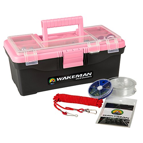 Fishing Single Tray Tackle Box- 55 Piece Tackle Gear Kit Includes Sinkers, Hooks Lures Bobbers Swivels and Fishing Line By Wakeman Outdoors (Pink) - Pink