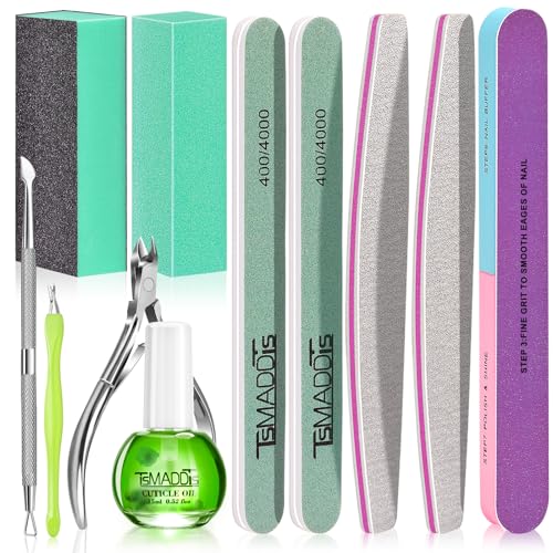 TsMADDTs Cuticle Pusher Nail File Kit, Nail Buffers and Files with 3PCS Nail Files, 2PCS Nail Buffer Blocks, 2PCS Polishing Nail Buffers, Cuticle Nippers, Cuticle Pusher and Cuticle Oil - Aloe Vera