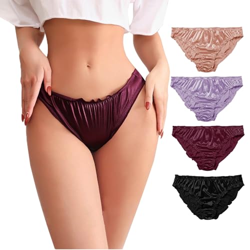 abandi Satin Bikini Panties for Women, Frill Trim Ruched Cheeky Underwear, Low Rise Shiny Panties Silky Bikini Briefs - Black - Large