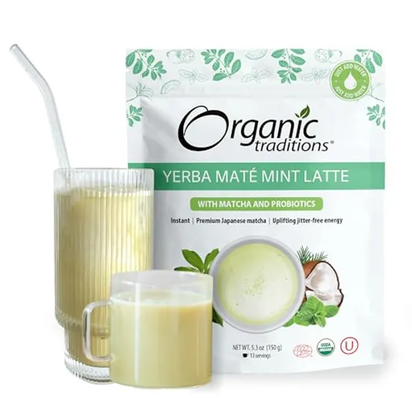 Organic Traditions Yerba Mate Tea Mint Latte with Matcha | Instant Dairy Free Superfood Latte | Instant Tea Latte | 150g/5.3oz Bag
