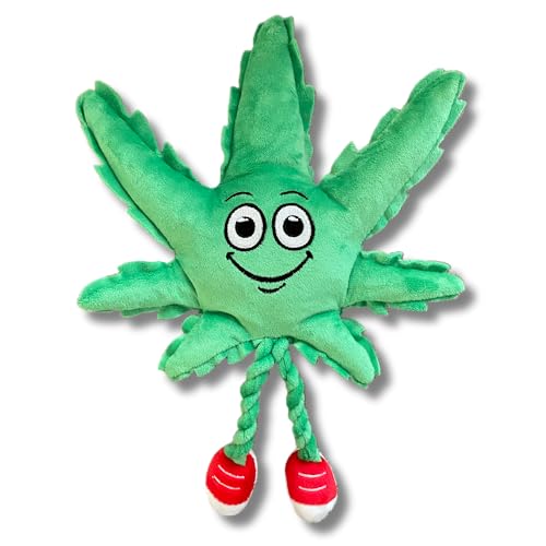 PAW:20 MJ The Weed Leaf | Funny Dog Toy | Cool Plush Squeaky Toy for Small, Medium and Large Dogs | Fun Novelty Gift | Fetch and Funny Photos | Shelf Sitter with Dangling Legs