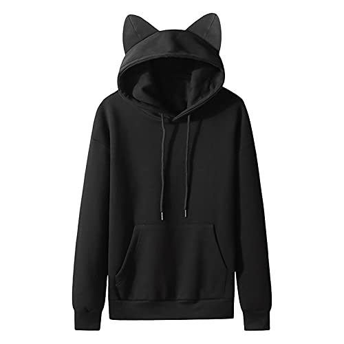 TFHENGQQ Men's Kawaii Cat Ears Hoodie Long Sleeve Fleece Sweatshirt Solid Color Casual Pullover Cute Couples Top with Pocket - X-Large - Pink