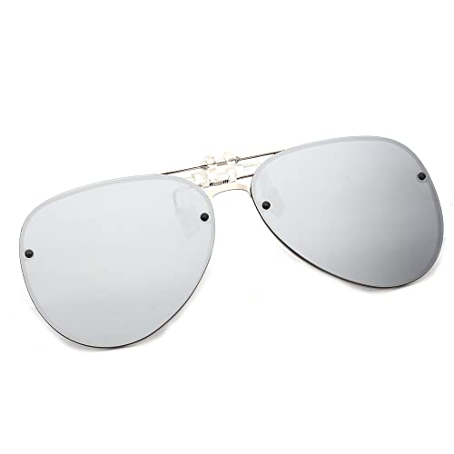 JM Retro Clip on Aviator Sunglasses, Polarized Flip up Over Prescription Glasses Men Women - Polarized Mirror Silver - 60 Millimeters