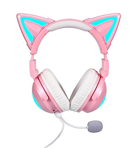 Axent Wear New Edition Wireless Cat Ear Headphones (12 Color Changing) 3.5mm Jack, Bluetooth&Wired Connection (Pink) - Pink