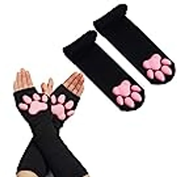 Cat Paw Thigh High Socks Golves, Cute Soft 3D Toe Beans Socks Mittens Kitten Claw Pad Socks for Girl Women Lolita Cosplay Set
