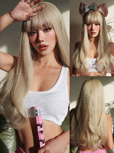 26 Inch Long Natural Wavy Platinum Blonde Wigs With Bangs Synthetic Heat Resistant Fiber Wigs For Women Daily Party Cosplay