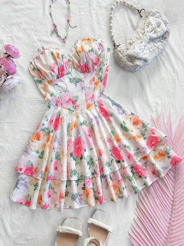 SHEIN WYWH Women's Romantic Floral Painting Print Mini Dress, Pastoral  Style With Ruffle Trim, Cinched Waist And Layered Ruffle Hem,Valentine's Day Date Outfits,New Year Women Dress,Christmas Women Clothes,Party Women Outfit,Valentine Day