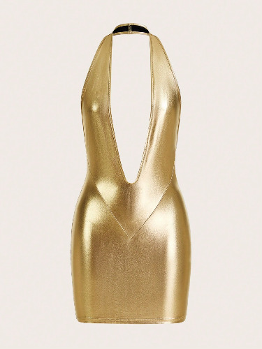 SHEIN ICON Women's Fashionable Shiny Gold Plunge Neck Dress
