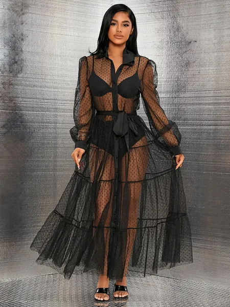 SHEIN SXY Dobby Mesh Belted Dress Without Underwear
