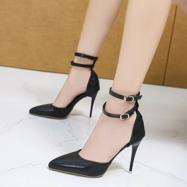 2023 Chic Hollow High Heels Women Sandals Ankle Buckle Strap Pointy Toe Baotou Stiletto Pumps Cover Heels Party Shoe Size 45 - AliExpress 