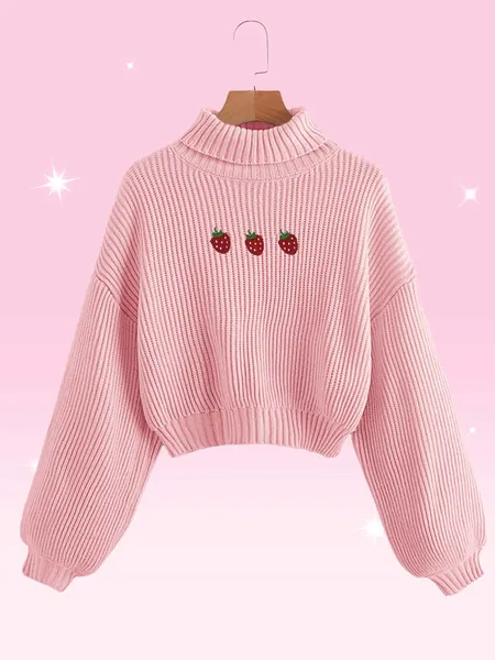 ROMWE Sweetness Strawberry Embroidery High Neck Sweater