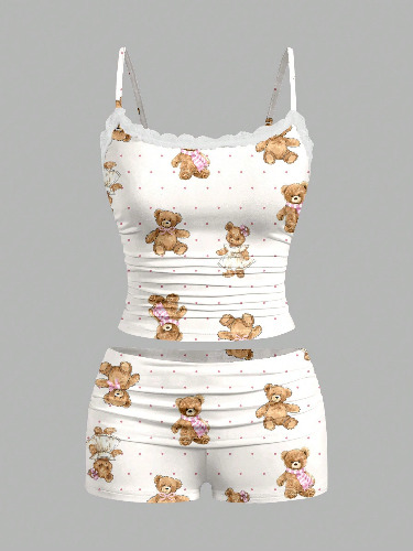 SHEIN Essnce 2pcs/Set Women Lace Trim Cami Top And Pleated Shorts Set, Suitable For Summer