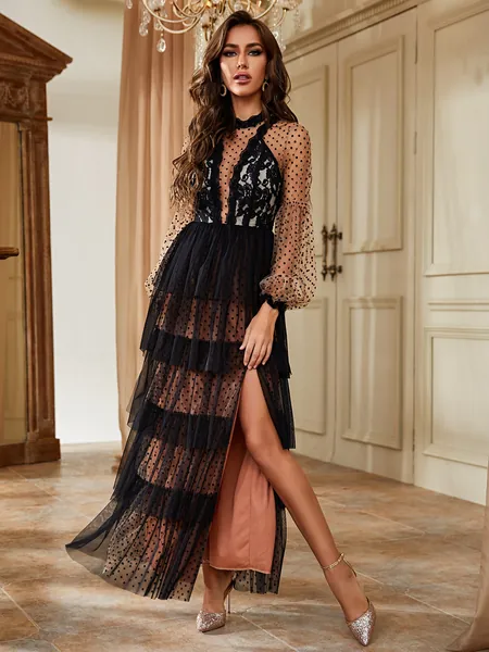 Polka Dot Contrast Lace Lantern Sleeve Layer Hem Slit Thigh Mesh Prom Dress