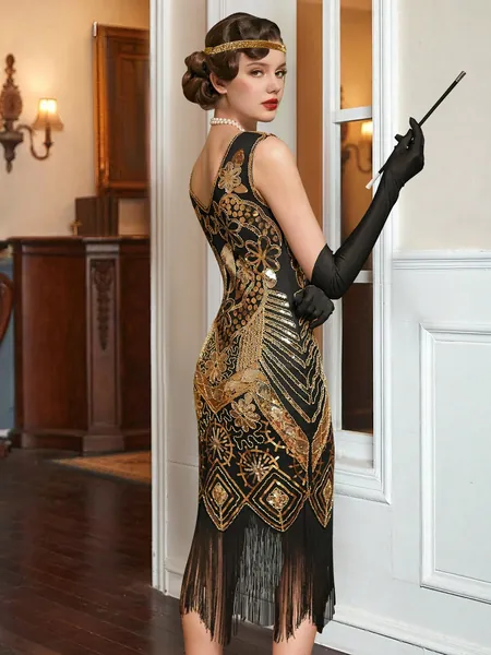 Women's 1920s Flapper Dress V Neck Beaded Fringed Dress Roaring 20s Great Gatsby Dress For Party