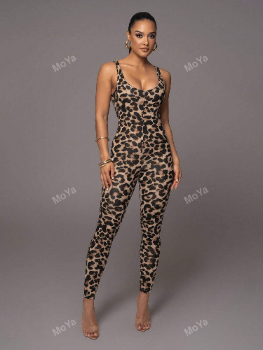 Women Leopard Print Tight Jumpsuit Yoga Wear