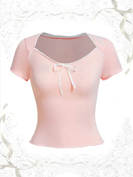 ROMWE Sweetness Solid Knot Contrast Lace Tee