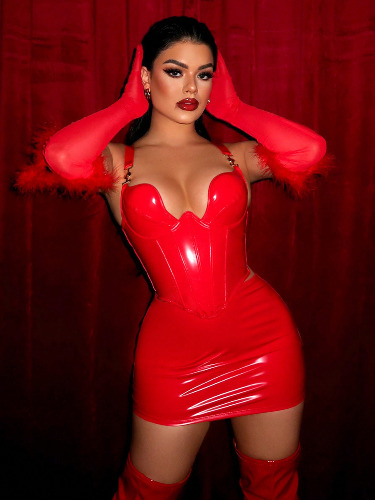 SHEIN SXY 2pcs Halloween PU Molded Cup Red Crop Top And Mini Skirt Set