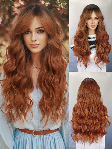 Long Ginger Orange Wig Bangs Wavy Party Wigs Plush Daily Natural Hair Woman Wigs  Synthetic Wig Heat Resistant