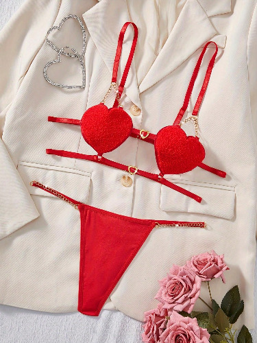 2pcs Sexy Women Lingerie Set - Red Lace Heart-Shaped Bra Top & Thong Panties, Romantic Bedroom Set For Valentine's Day