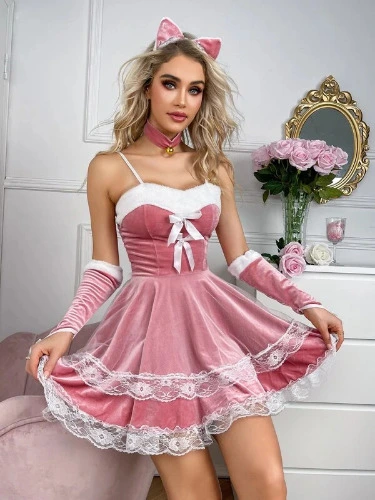 6pack Bow Front Contrast Lace Velvet Costume Dress Set | SHEIN EUQS