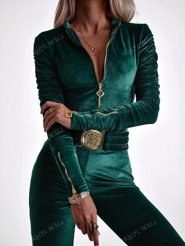 Women's Long Sleeve Elegant Fitted Velvet Zipper Design Belted Jumpsuit