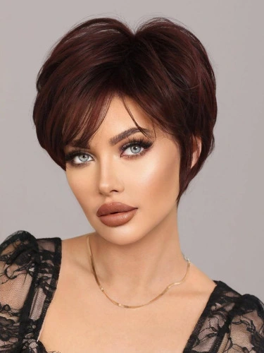 Summer Short Hair Gold Brown Bangs Mom Wig Synthetic Wig | SHEIN EUQS
