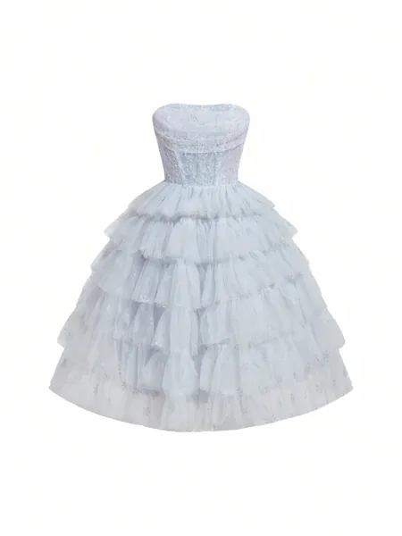 SHEIN Belle Women's Multilayer Sparkling Sequin Mesh Puffy Strapless Cocktail Party Dress