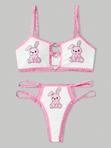 ROMWE Kawaii Women's Cute Rabbit & Heart Shaped Embellishment Colorblock Edge Underwear Set