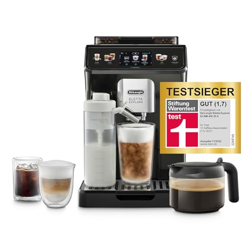 De'Longhi Eletta Explore Perfetto ECAM452.57.G Kaffeevollautomat mit LatteCrema Milchsystem, heiße und erfrischende Getränke auf Knopfdruck, 3,5 Zoll TFT Touchscreen Farbdisplay, Kaffeekanne inklusive - Ohne Cold Brew Funktion - Single